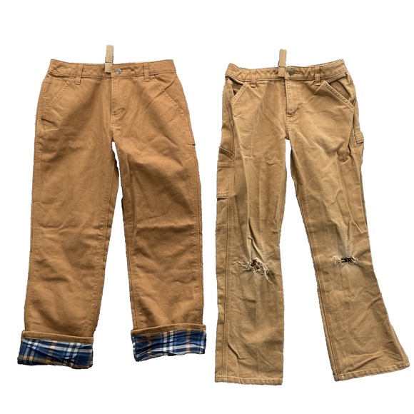 Carhartt Carpenter Pants Lot 2 Youth Boy 12 Fleece Lined Outdoor Workwear Logger - Picture 1 of 15